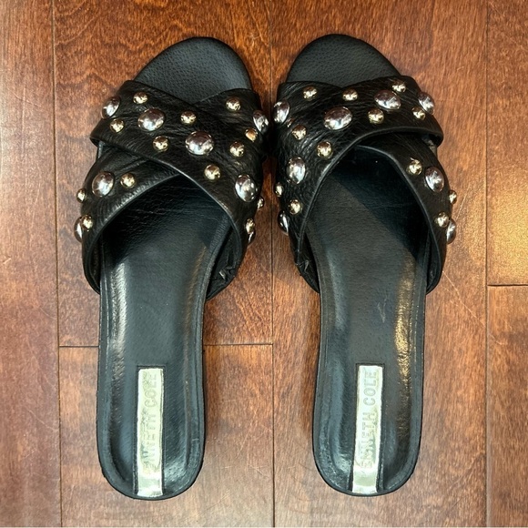Kenneth Cole Verna Stud Slides in Black Leather, Mixed Metal, Size 7 - Picture 1 of 9